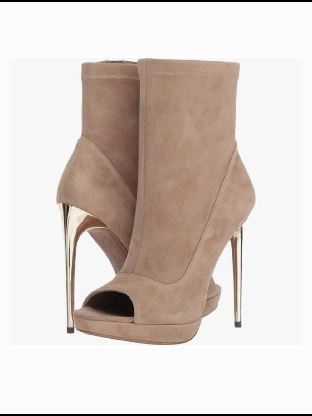 BCBGMaxAzria Taupe Suede Peep-Toe Stiletto Ankle Boots, size 7